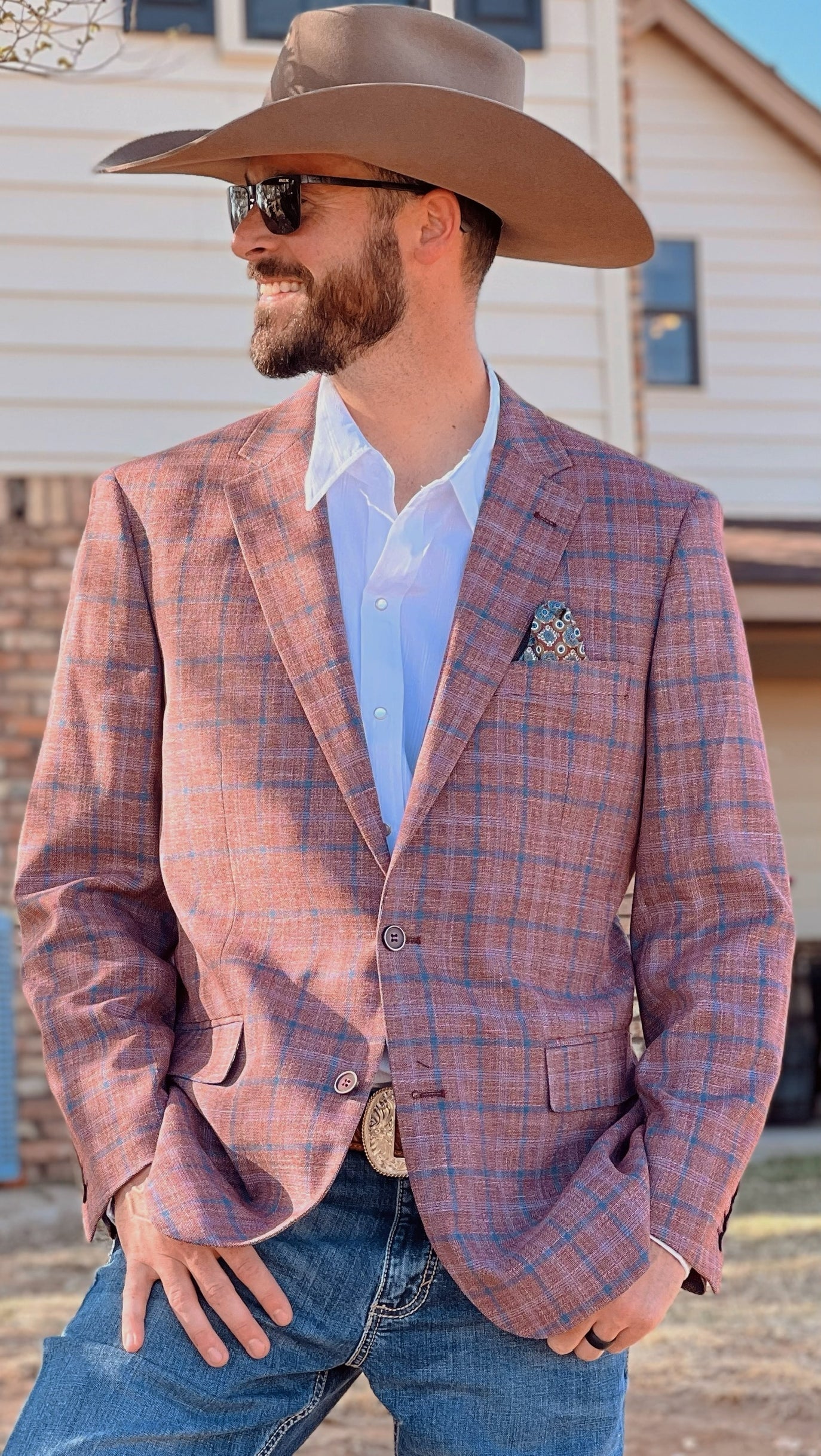 Back view of Brick Red Western Suit Jacket with rustic windowpane plaid pattern