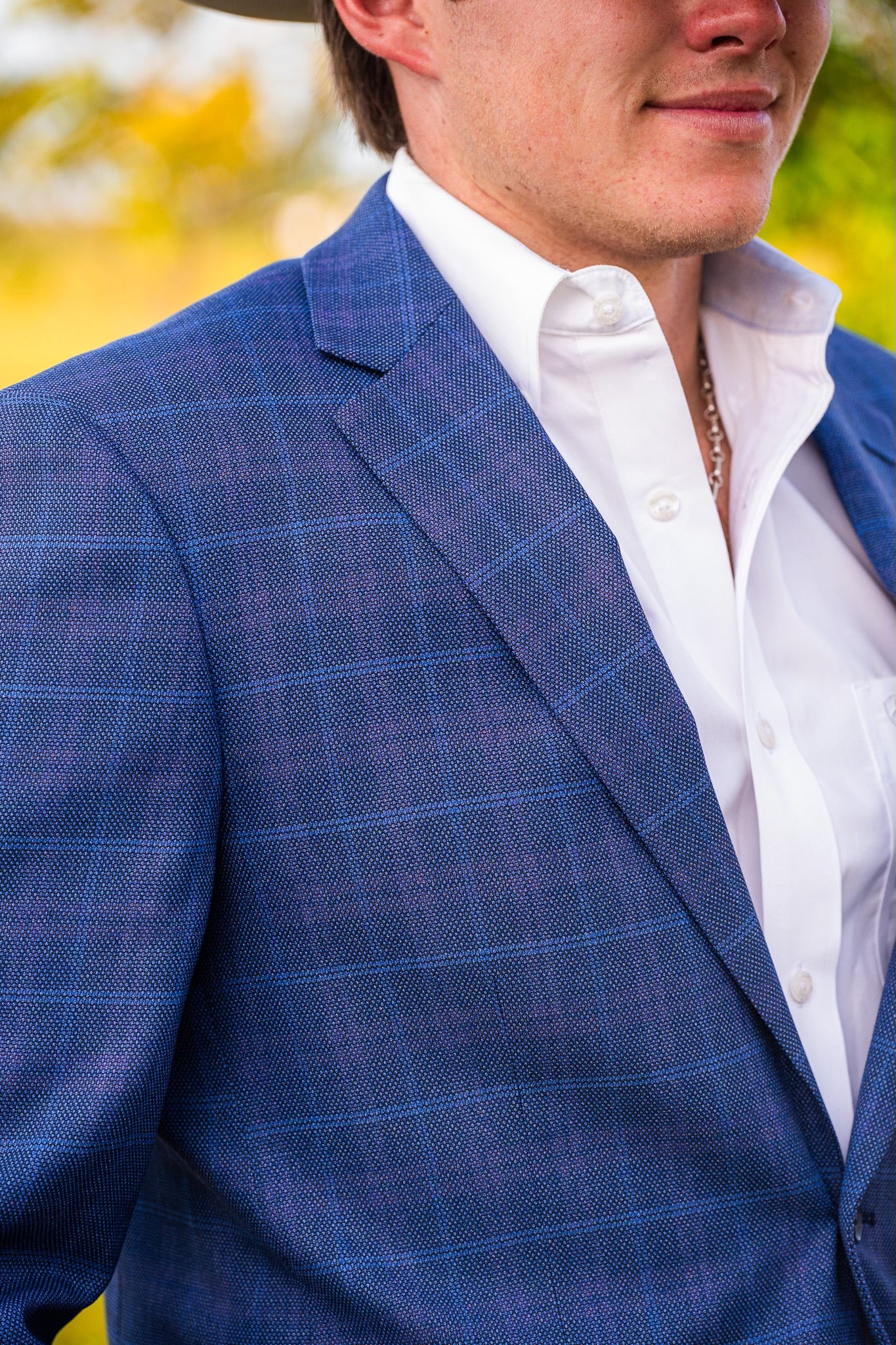 Ranch Blue fabric with soft pink plaid detail on Western sport coat
