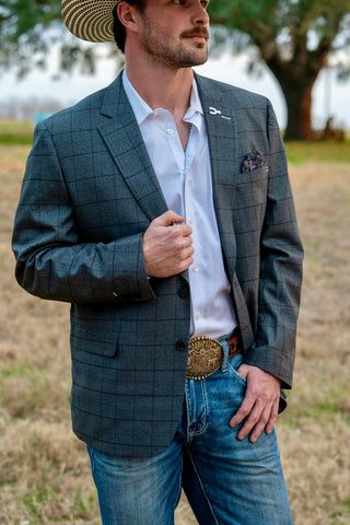 Pewter Grey Windowpane Cowboy Sport Coat | Modern Athletic Fit Western Blazer