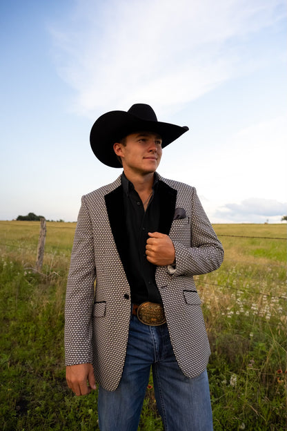 Black and White Cowboy Sport Coat styled with denim jeans and boots for Western formal look