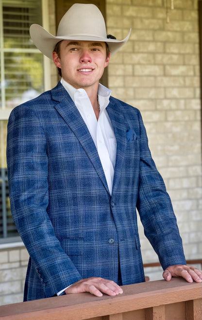 Denim Blue Plaid Cowboy Sport Coat – Tailored Western Dress Jacket