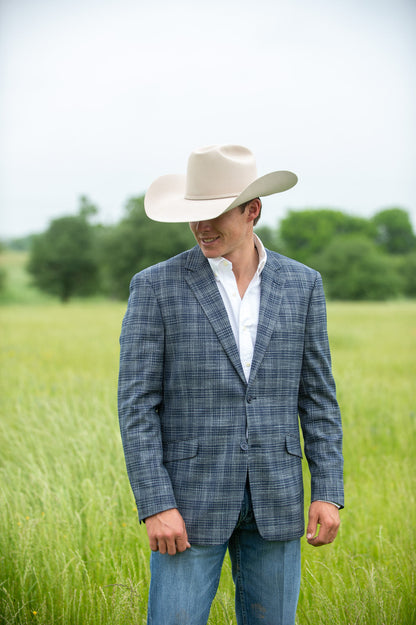 Dark grey fabric with navy plaid texture on slim fit cowboy sport jacket