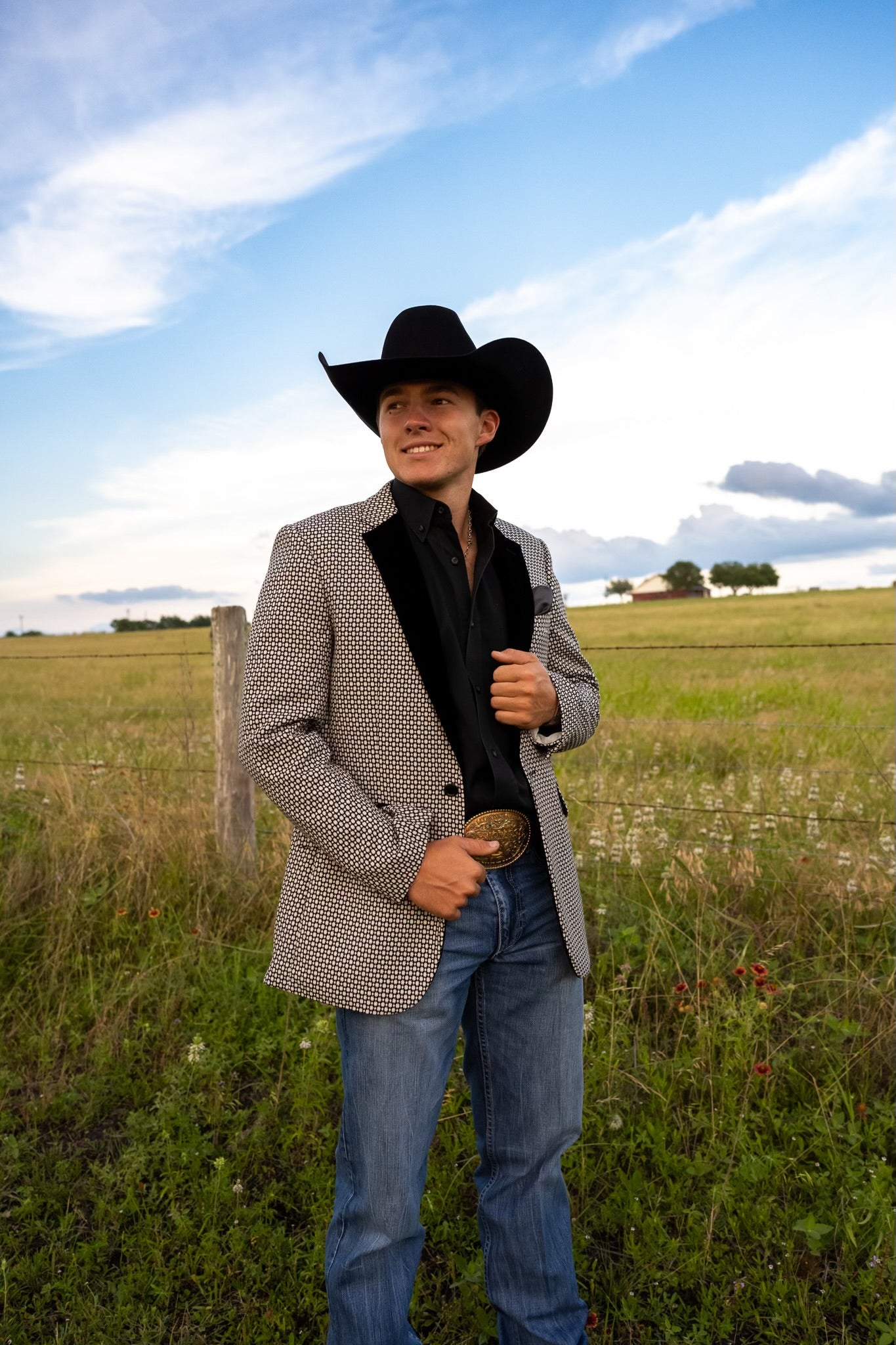 Side view of Black and White Cowboy Sport Coat with velvet lapel and geometric pattern