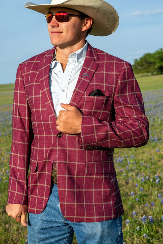 New!! Dark Aggie Maroon Tan Windowpane Cowboy Sport Coat