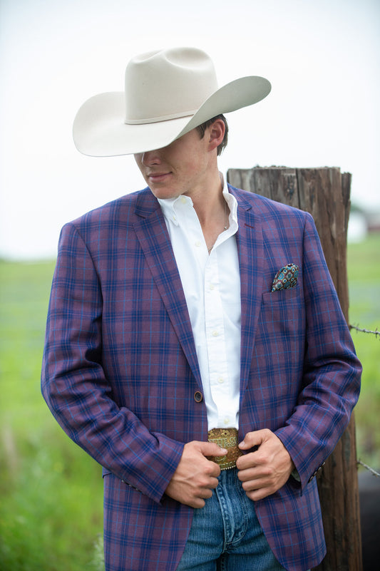 Dark Purple Plaid Slim Fit Western Jacket with rich navy plaid