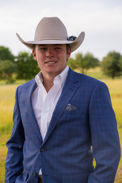 Western sport coat in ranch blue with pink plaid pattern and tailored cut