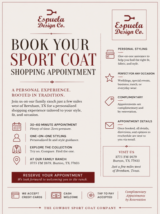 If this image is going on the booking page:

Sport coat shopping appointment at Espuela Design Co. family ranch showroom in Burton, Texas. Personalized styling, sport coat fittings, western menswear, wedding attire, and private shopping appointments.