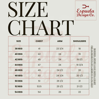 Size chart for clothing with measurements in chest, arm, and shoulders on a light background.