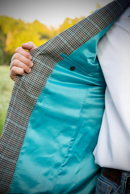 New! Turquoise, Grey, Brown Checkered Plaid Cowboy Sport Coat