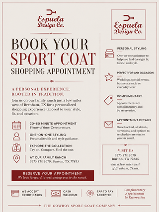If this image is going on the booking page:

Sport coat shopping appointment at Espuela Design Co. family ranch showroom in Burton, Texas. Personalized styling, sport coat fittings, western menswear, wedding attire, and private shopping appointments.