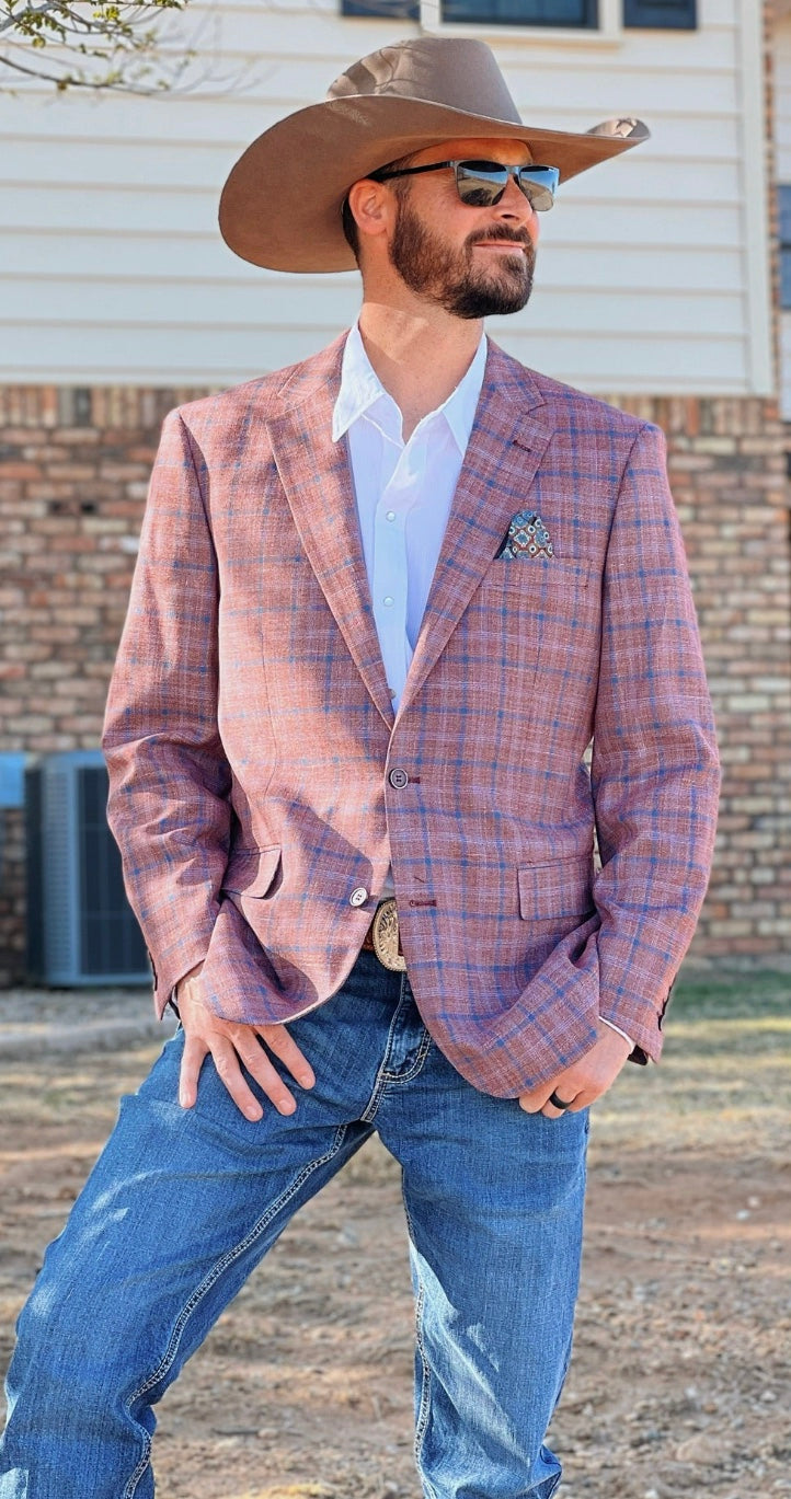 Brick Red Western Suit Jacket – Classic Fit Windowpane Dress Coat Brick Red Western Suit Jacket – Classic Fit Windowpane Dress Coat